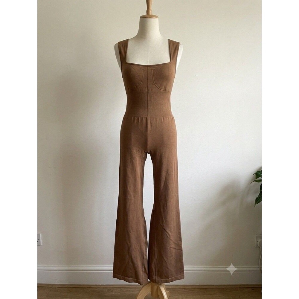 Y2K Brown Corset Bustier Wide Leg Jumpsuit Bodycon Stretchy Women’s L - Picture 2 of 7
